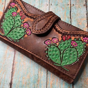 Handmade Brown Leather Wallet With Cactus