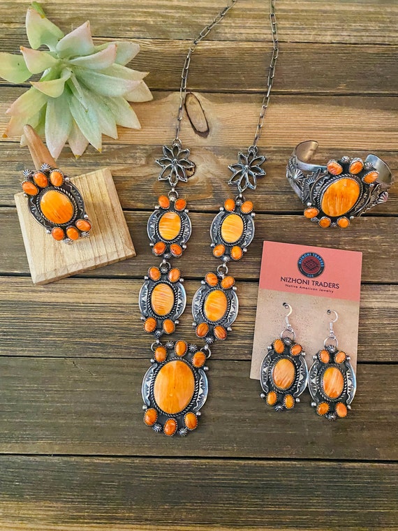 Navajo Orange Spiny And Sterling Silver 4 Piece S… - image 1