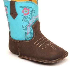 Western Leather infant Baby Boots Turquoise/ Dark Brown