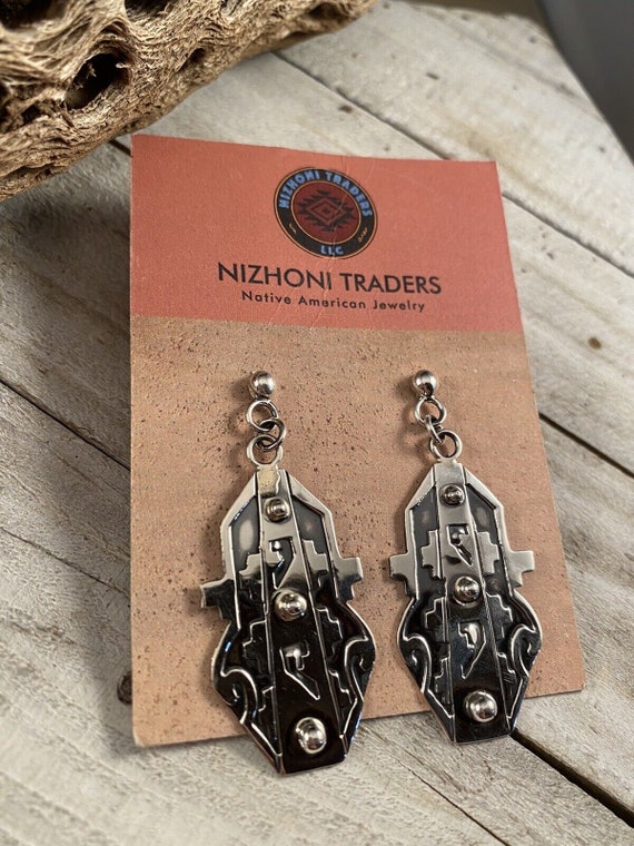 Navajo Hand Stamped Sterling Silver Dangle Earrin… - image 3