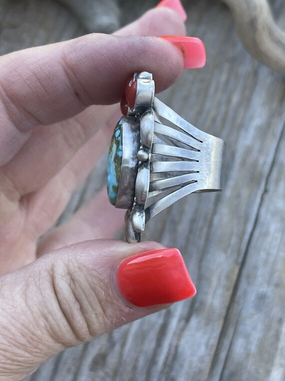 Navajo Sterling Kingman Web Turquoise & Red Coral… - image 4