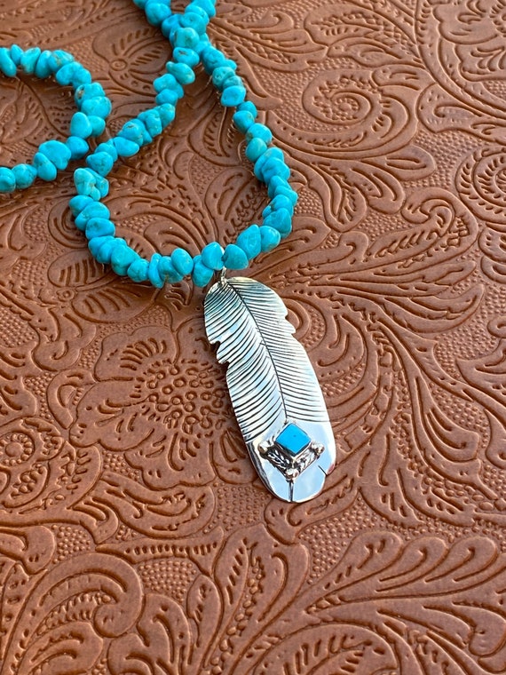 Navajo Kingman Turquoise & Sterling Silver Feathe… - image 2