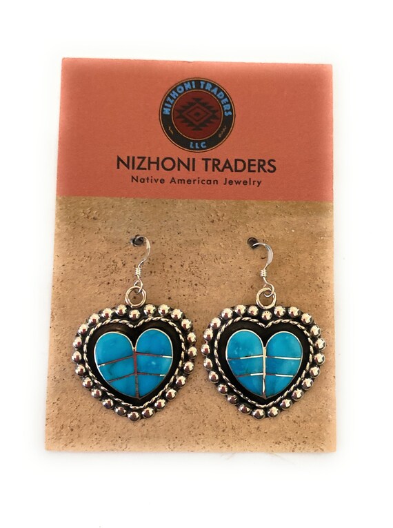 Zuni Sterling Silver & Turquoise Inlay Heart Dang… - image 7