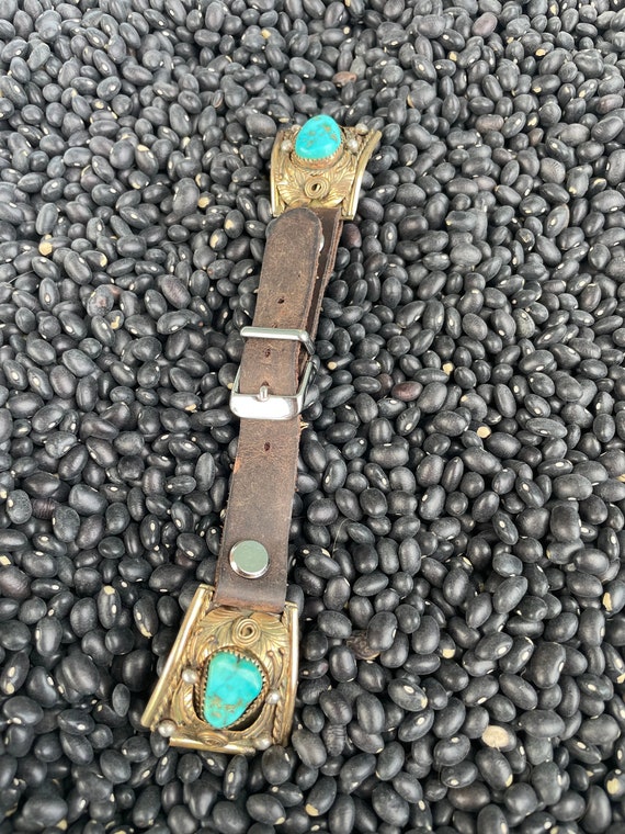 Navajo Turquoise Leather Watch Band Signed