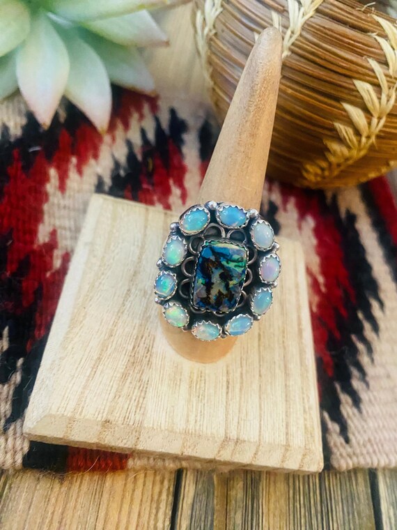 Handmade Sterling Silver & Opal Cluster Adjustabl… - image 4