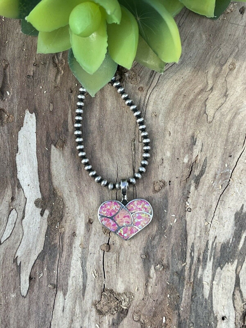 Zuni Iridescent Pink Opal & Sterling Silver Heart Pendant image 8