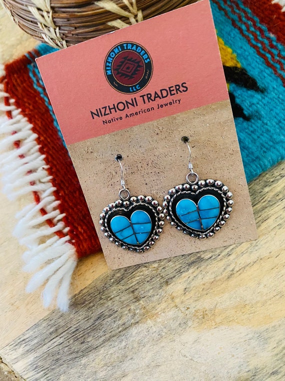 Zuni Sterling Silver & Turquoise Inlay Heart Dang… - image 3
