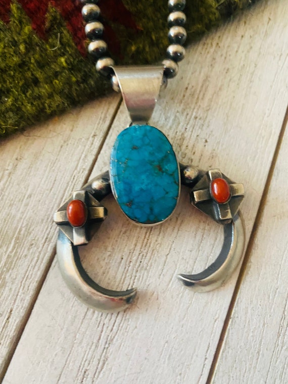 Navajo Sterling Silver, Turquoise & Coral Naja Pe… - image 1