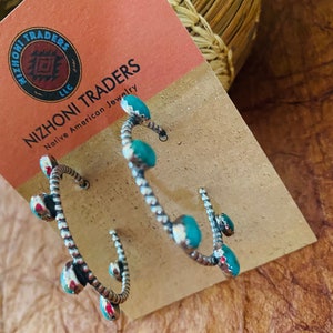 Navajo Sterling Silver & Turquoise Hoop Earrings image 5