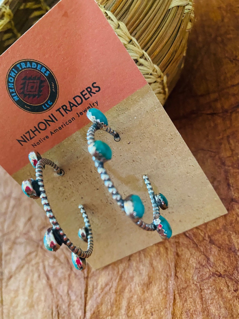 Navajo Sterling Silver & Turquoise Hoop Earrings image 5
