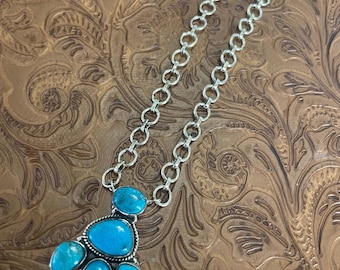 Handmade Sterling Silver & Turquoise Cluster Necklace Signed Nizhoni