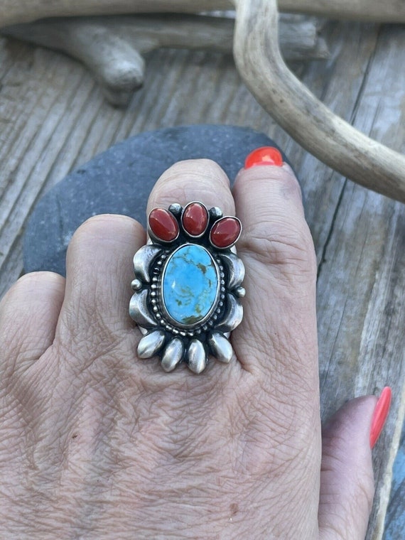 Navajo Sterling Kingman Web Turquoise & Red Coral… - image 2