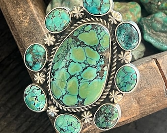 Handcrafted Sterling Silver and Hubei Turquoise Cluster Ring by Rosella Paxson, Size 8.5