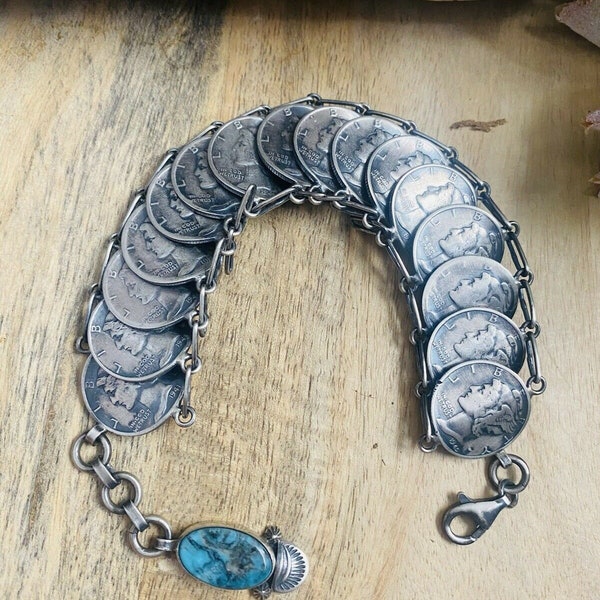 Navajo Turquoise & Sterling Silver Liberty Dime Bracelet By James McCabe