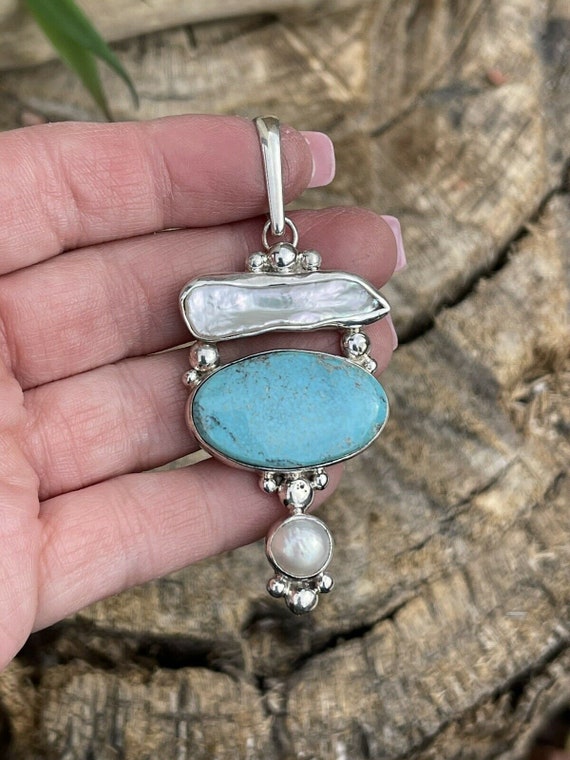 Turquoise & Mother Of Pearl Sterling Silver Navaj… - image 8