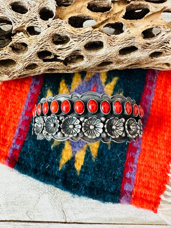 Navajo Coral & Sterling Silver Flower Cuff Bracele
