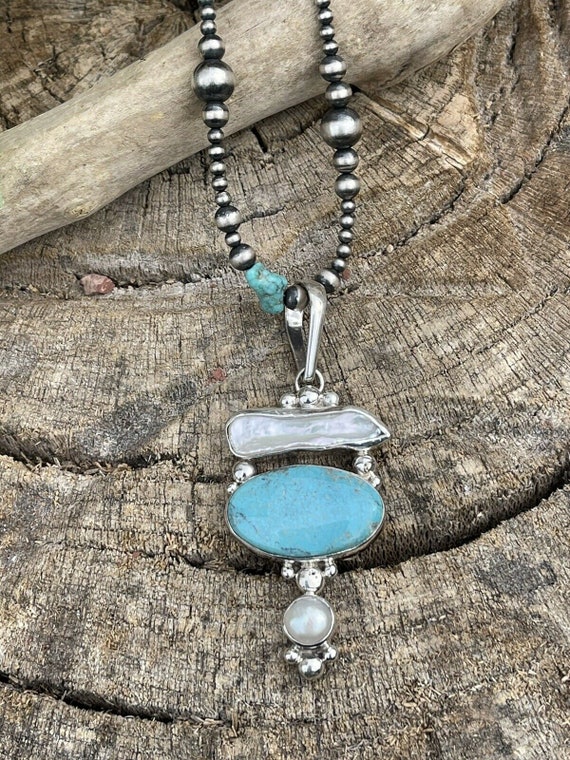 Turquoise & Mother Of Pearl Sterling Silver Navaj… - image 1