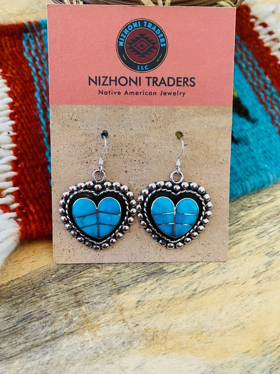 Zuni Sterling Silver & Turquoise Inlay Heart Dang… - image 1