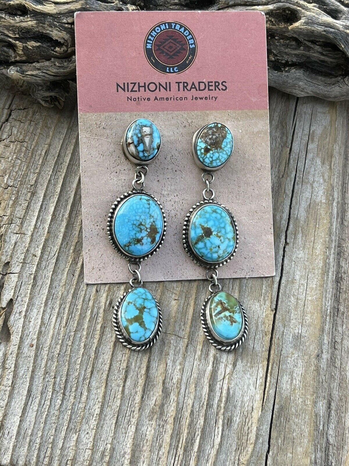 Navajo Royston Turquoise and Sterling Silver Dangle Earrings Stamped