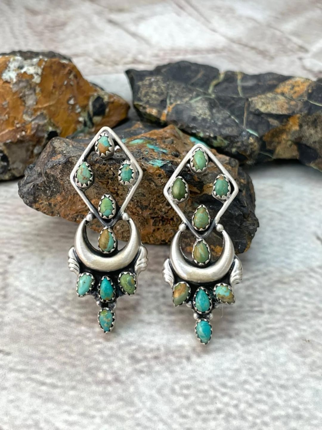 Handmade Sterling Silver Kingman Turquoise Post Dangle Earrings "signed ...