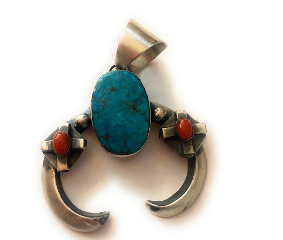 Navajo Sterling Silver, Turquoise & Coral Naja Pe… - image 7