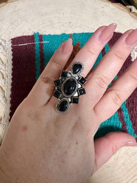 Handmade Onyx & Sterling Silver Adjustable Ring Signed Nizhoni View 4