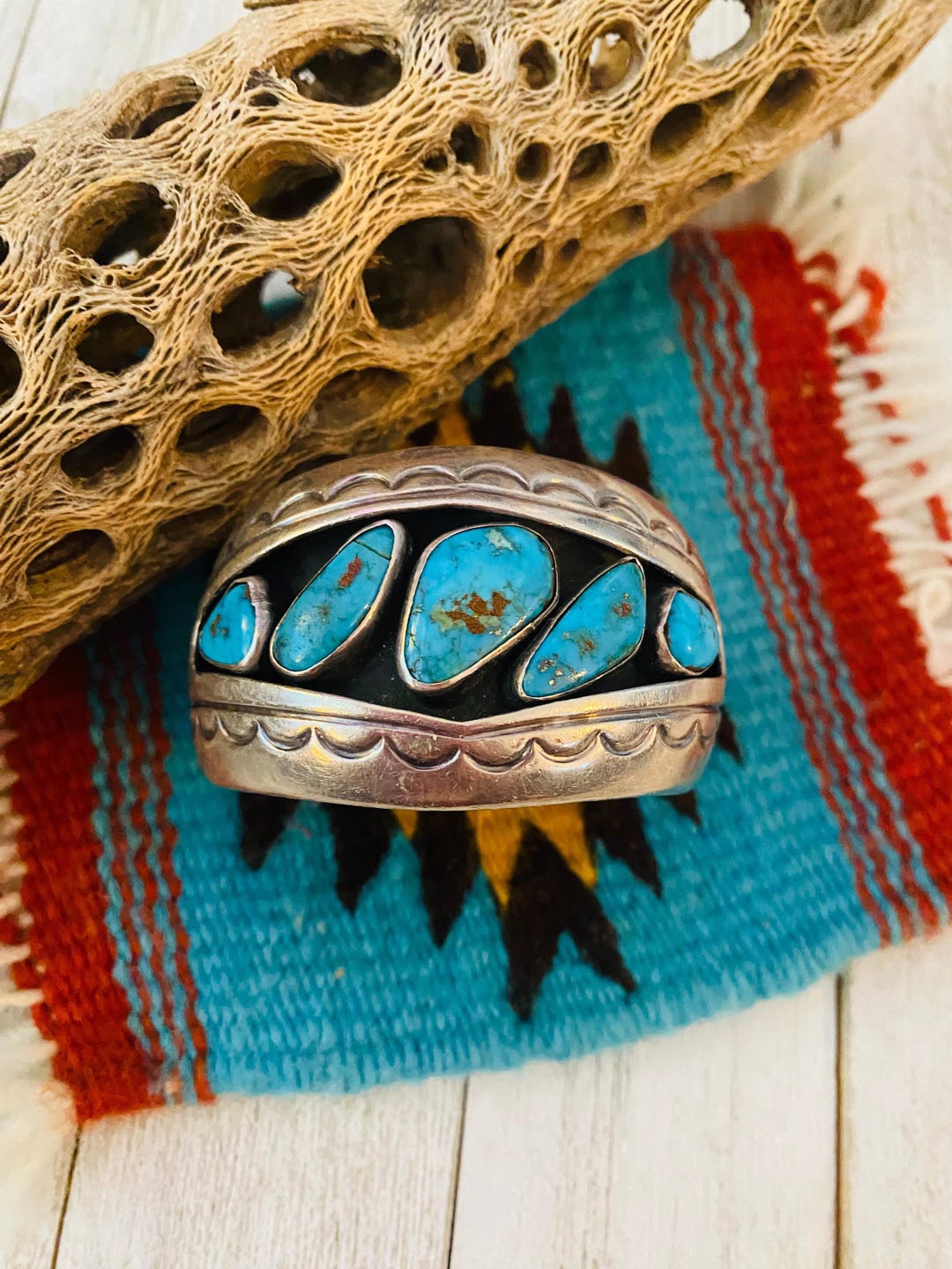 Navajo Old Pawn Vintage Turquoise & Sterling Silver Cuff Bracelet / - Etsy