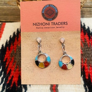 Zuni Sterling Silver & Multi Stone Inlay Dangle Earrings