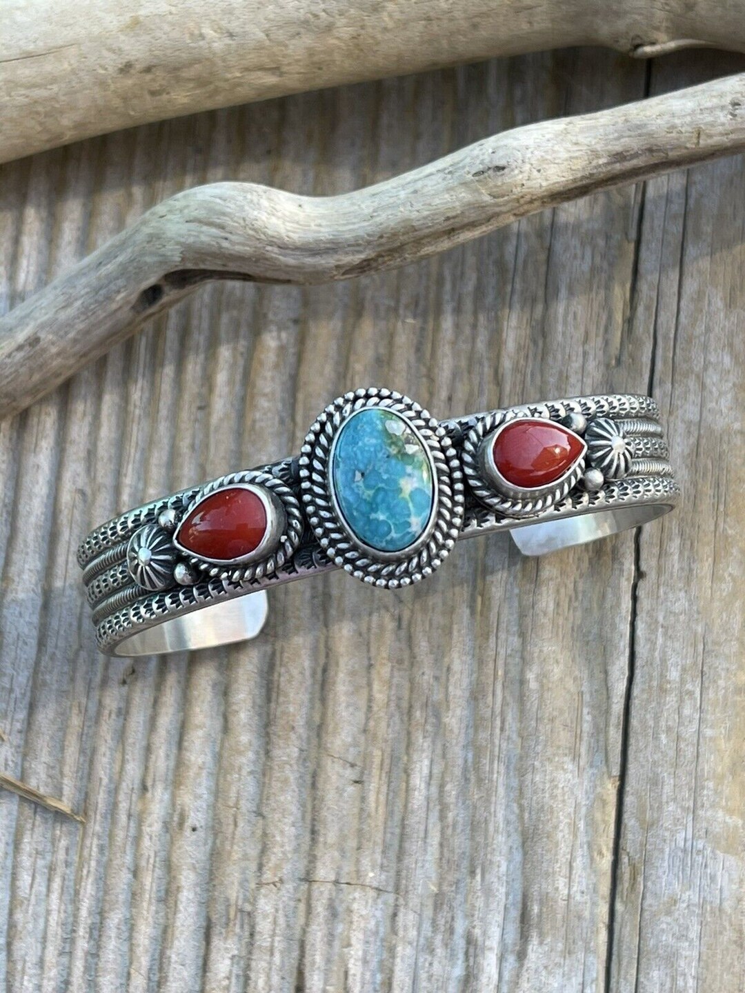 Navajo Sterling Silver Red Coral and Turquoise Bracelet Signed M & R ...