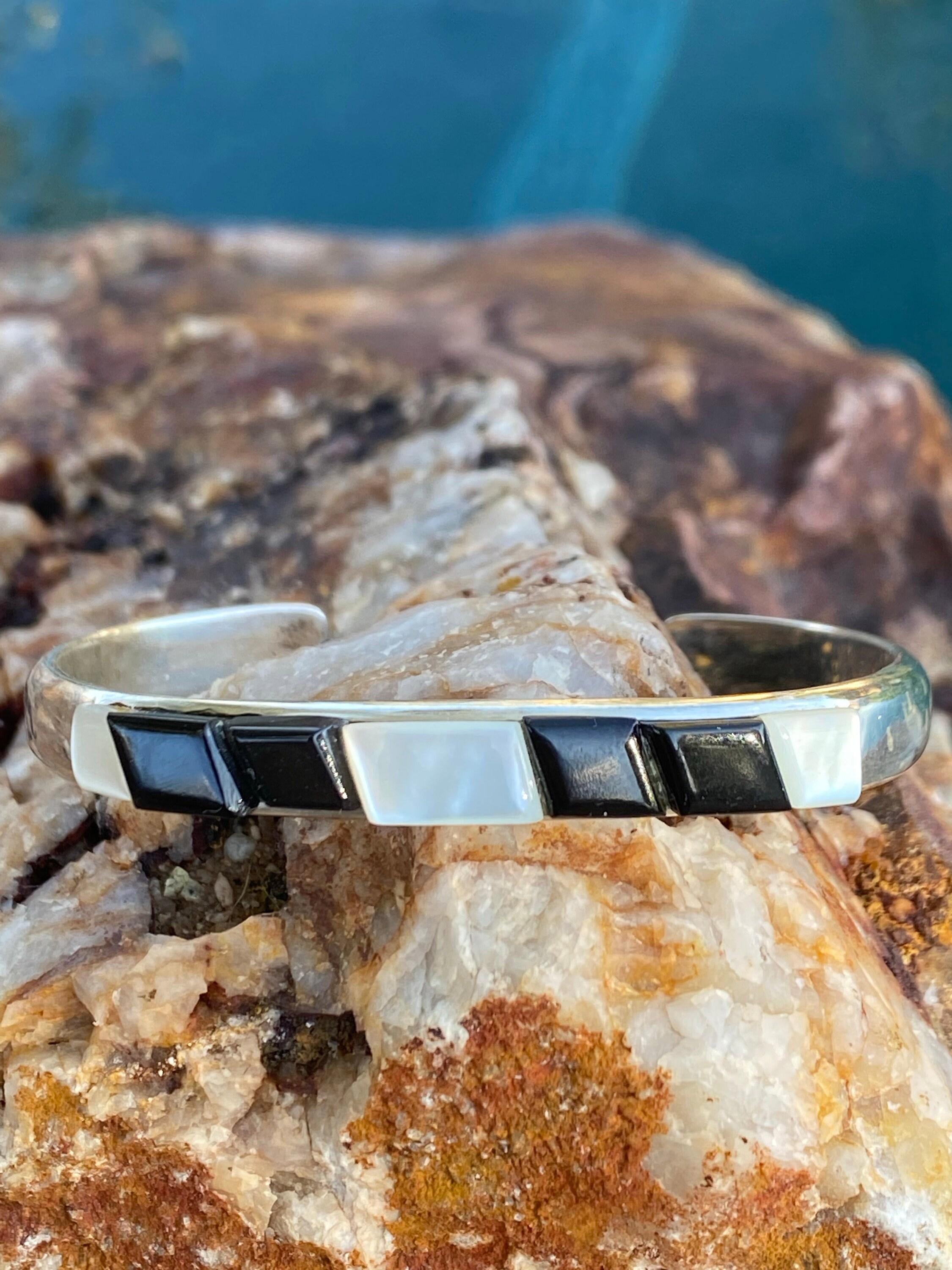 Navajo Bracelet .925 SOLID Silver Cuff Natural Onyx Artist
