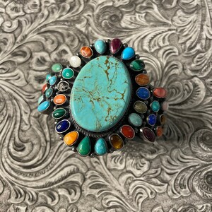 Anthony Skeets Navajo Multi Stone & Sterling Silver Cuff Bracelet Signed
