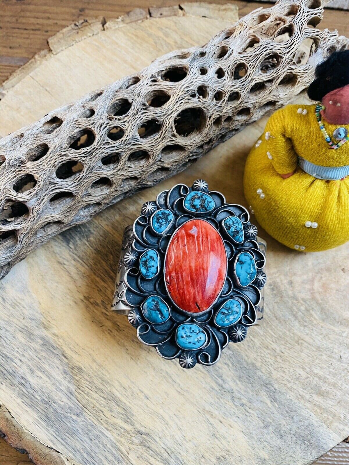 Navajo Turquoise, Orange Spiny & Sterling Silver Cuff
