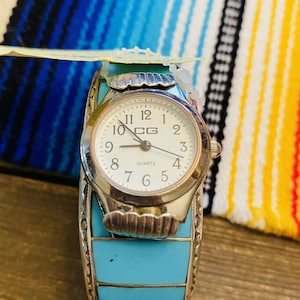 Vintage Navajo Turquoise & Sterling Silver Inlay Watch Cuff Signed