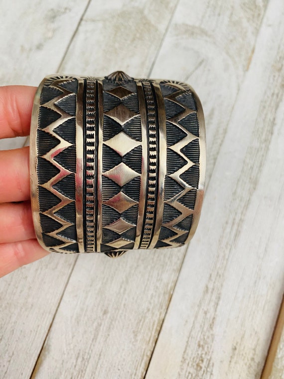 Navajo Hand Stamped Sterling Silver Cuff Bracelet… - image 4