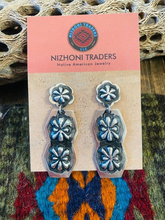 Navajo Sterling Silver Concho Dangle Earrings By … - image 1