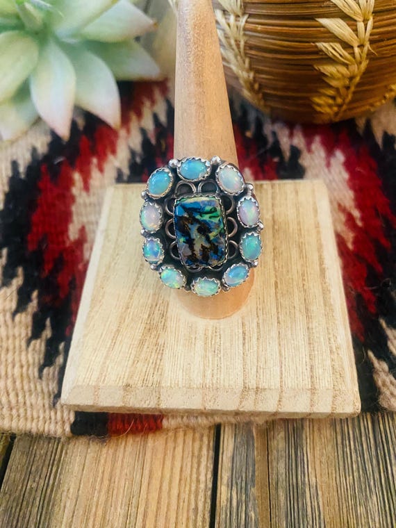 Handmade Sterling Silver & Opal Cluster Adjustabl… - image 1