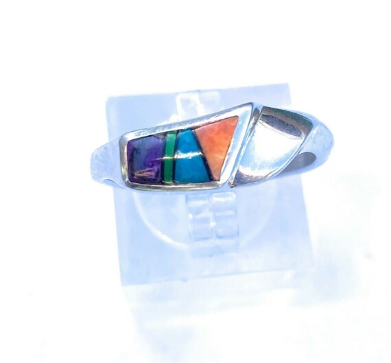 Navajo Multi Stone & Sterling Silver Inlay Ring - image 7