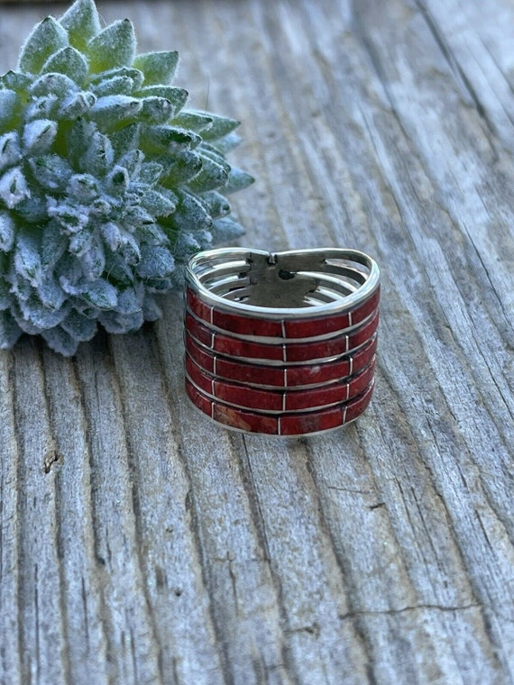 Zuni Sterling Silver Red Coral 5 Row Ring