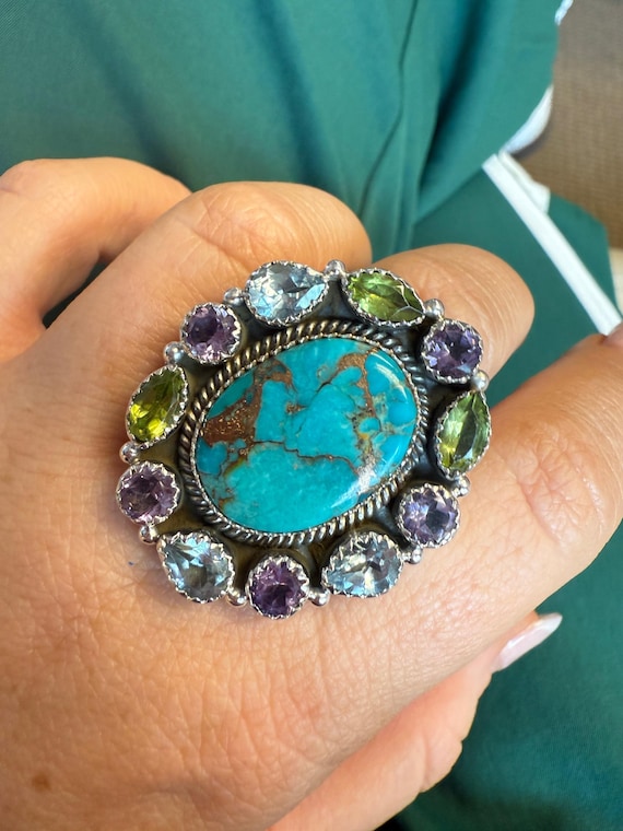 Handmade Adjustable Multi Stone Sterling Silver R… - image 2