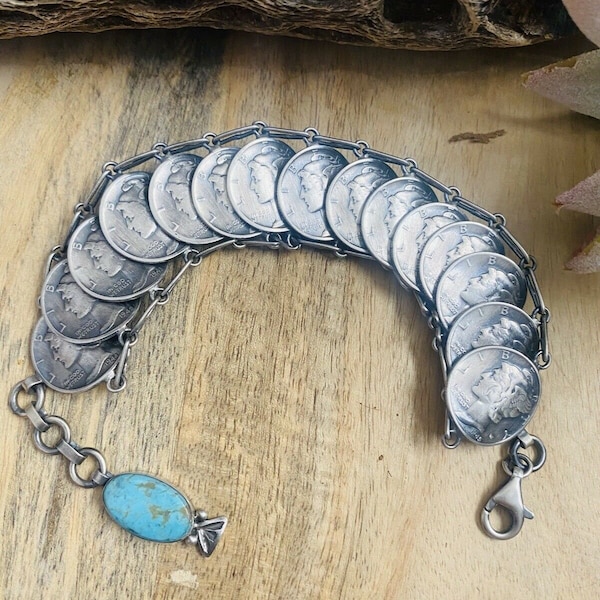 Navajo Turquoise & Sterling Silver Liberty Dime Bracelet By James McCabe