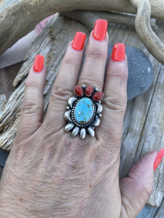 Navajo Sterling Kingman Web Turquoise & Red Coral… - image 5