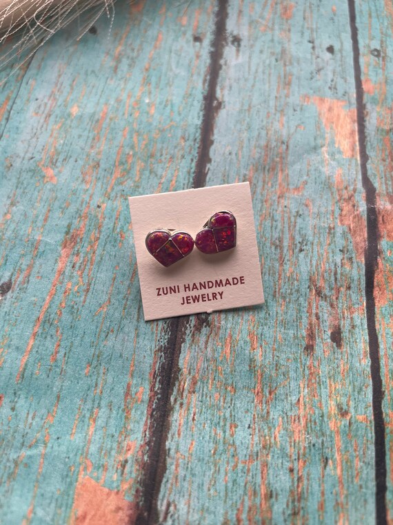 Zuni Sterling Silver & Pink Opal Inlay Heart Stud… - image 3