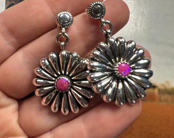 Handmade Sterling Silver & Hot Pink Fire Opal Flower Earrings
