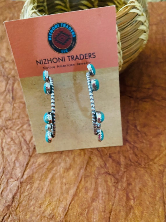 Navajo Sterling Silver & Turquoise Hoop Earrings - image 4