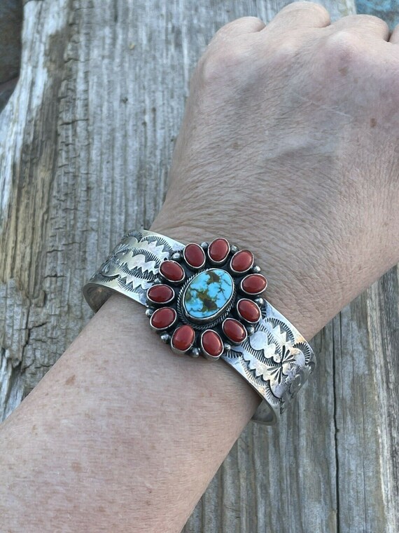 Navajo Sterling Kingman Web Turquoise & Red Coral… - image 6