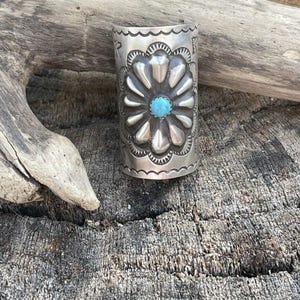 Handcrafted Sterling and Turquoise Southwest Hand Stamped Hair Ponytail / Braid Accessory 2 inch