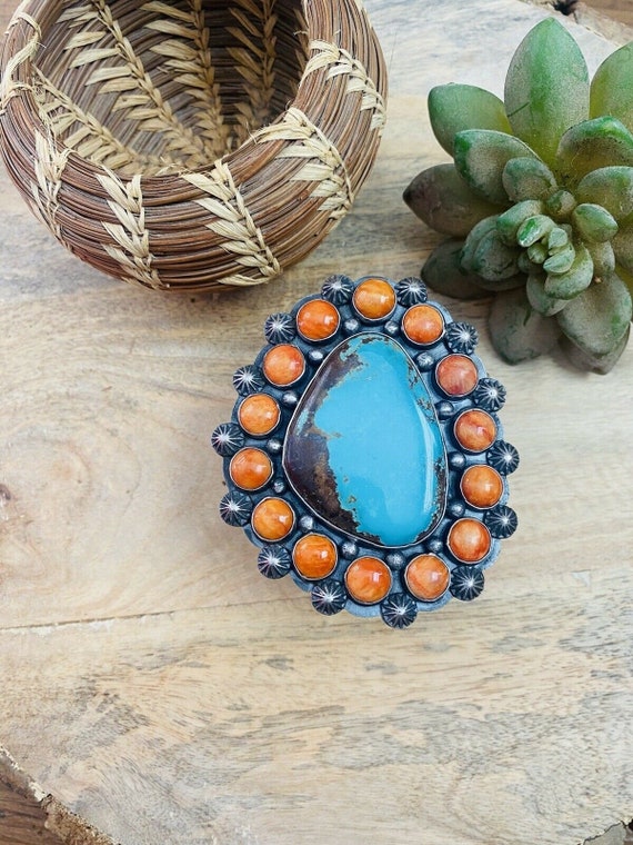 Navajo Orange Spiny, Turquoise & Sterling Silver … - image 5