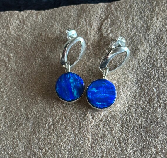Dark Blue Opal Dangle Sterling Silver Earrings - image 3