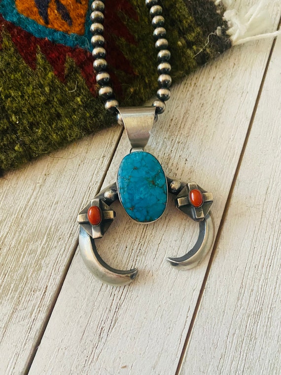 Navajo Sterling Silver, Turquoise & Coral Naja Pe… - image 2