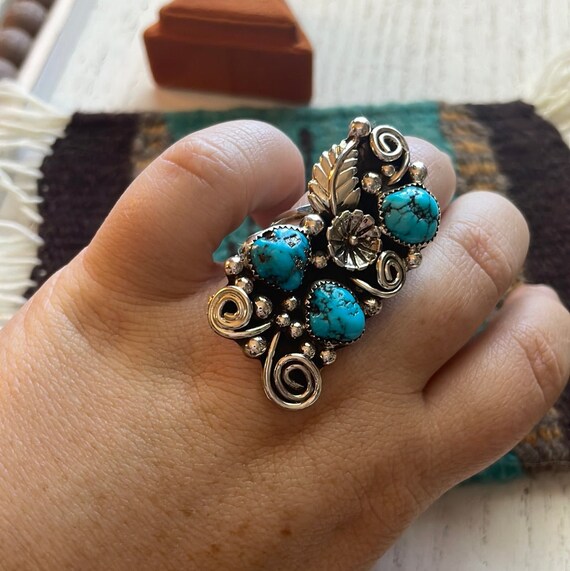 Navajo Sterling Silver & Turquoise Flower Ring Si… - image 5